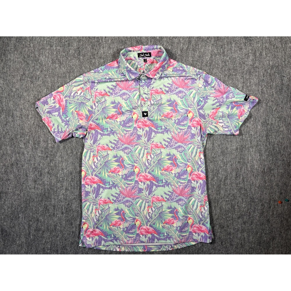 Bad Birdie Mens Small‎ Flamingo Tropical Golf Polo Shirt Pink Purple Green S